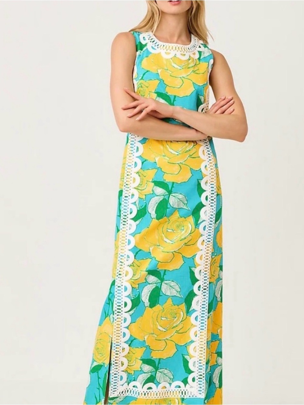 Lilly Pulitzer Teal Maxi Dress with Yellow Rose Print and White Lace
